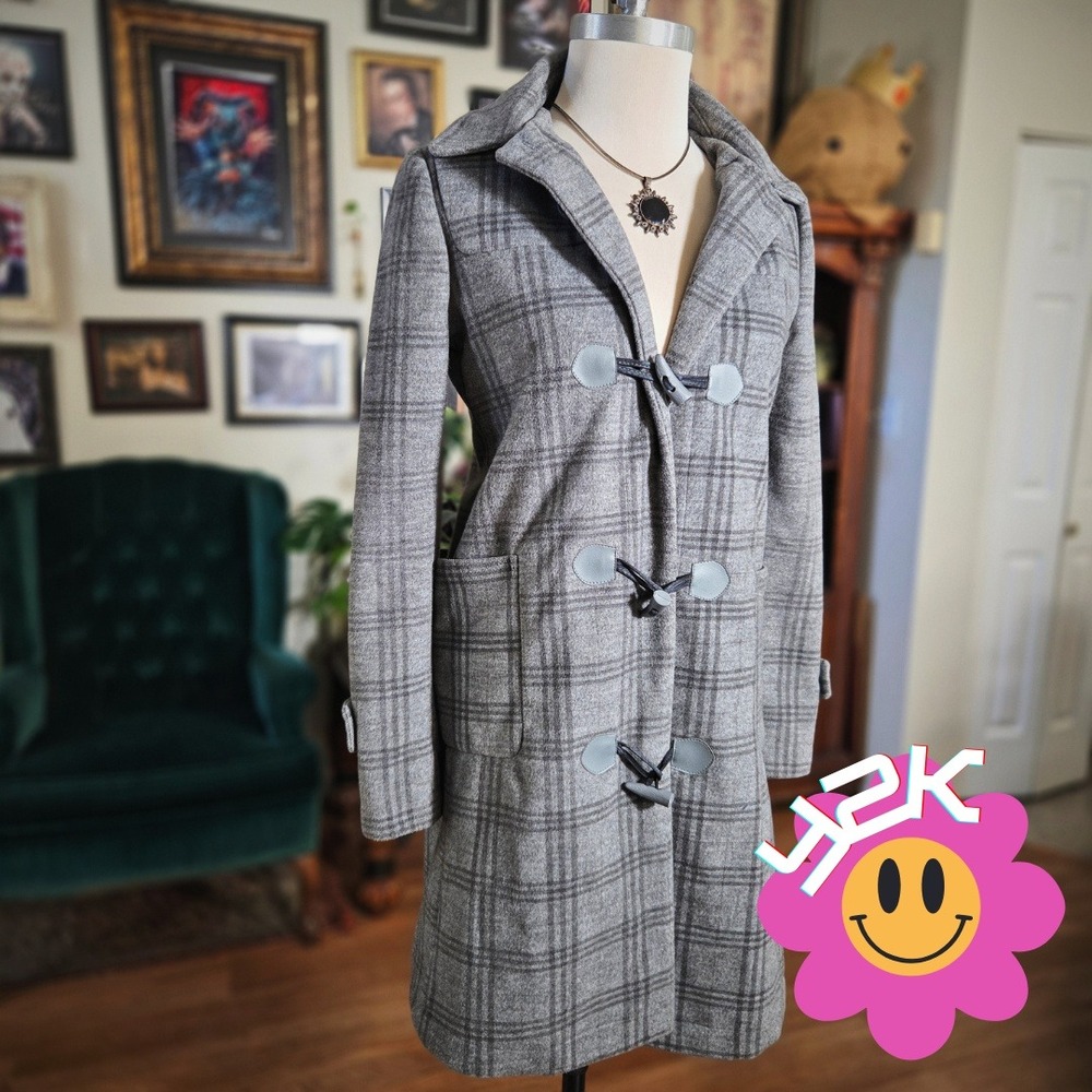Vintage Y2K BBAL JU NO Plaid Hooded Coat Gray Women's‎ Outerwear Long Jacket
